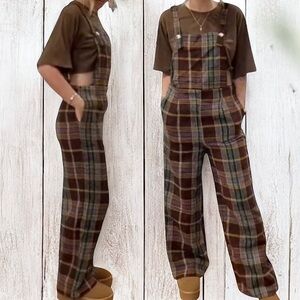 NWT CIDER Women’s Coffee Brown Wide Leg Plaid Jumpsuit Romper Overalls ~ Size M